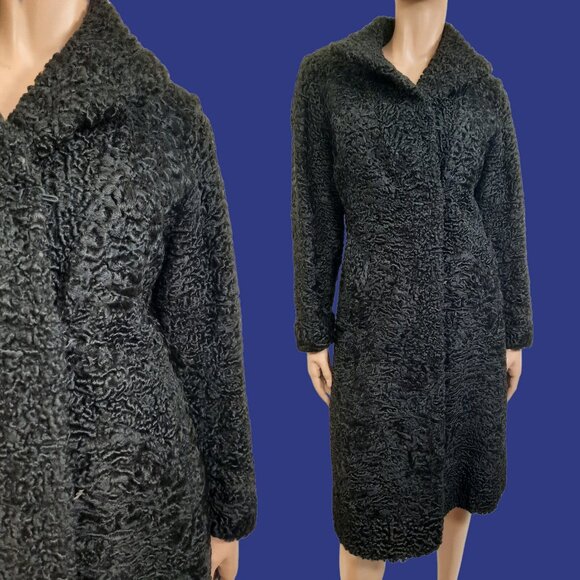 Vintage Black Persian Lamb Fur Coat 1940s 1950s Womens Size XS Mid Calf - Picture 1 of 14